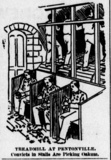 "Treadmill at Pentonville." Illustration from The Chicago Eagle of British prisoners walking the prison treadmill and picking oakum.